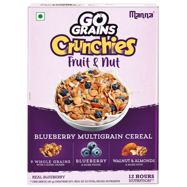 Manna Go Grains Crunchies Fruit &amp; Nut Blueberry Multigrain Cereal, 300 gm, Pack of 1