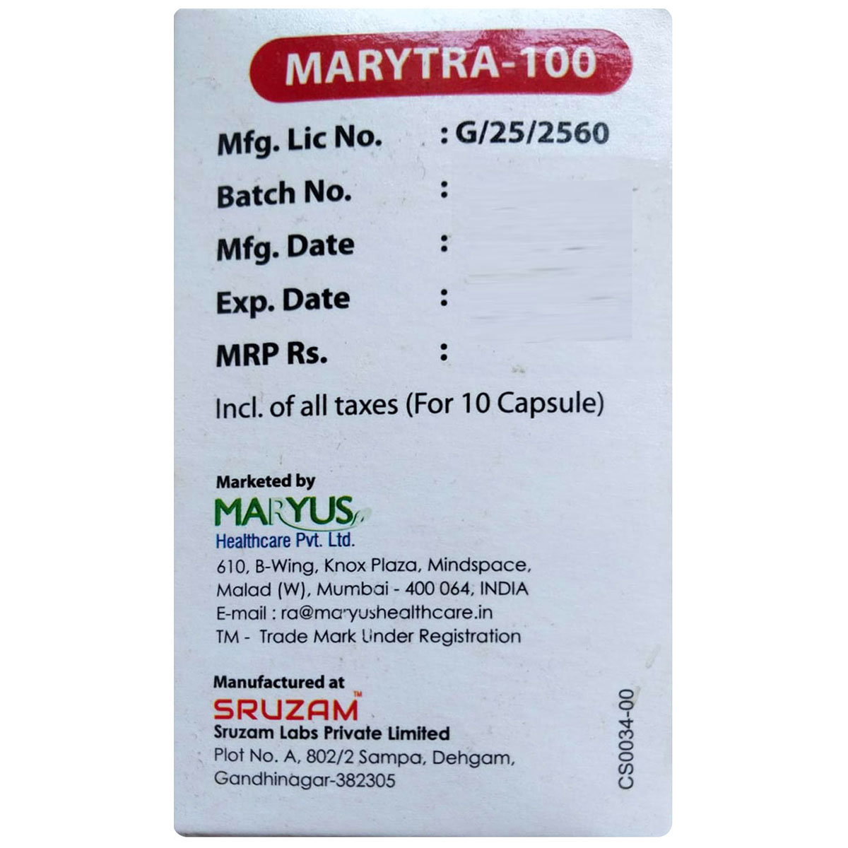 Marytra-100 Capsule 10's, Pack of 10 CAPSULES Marytra-100 Capsule 10's, Pack of 10 CAPSULES