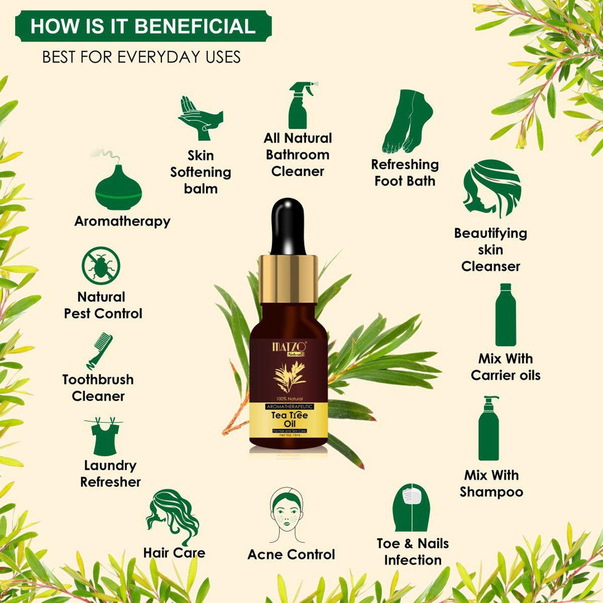 Matzo Aromatherapeutic Tea Tree Oil 15 ml | 100% Natural | For Men & Women, Pack of 1 Matzo Aromatherapeutic Tea Tree Oil 15 ml | 100% Natural | For Men & Women, Pack of 1