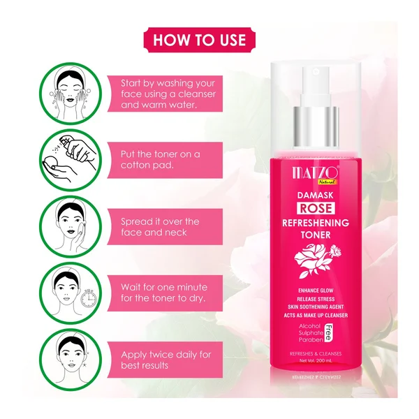 Matzo Damask Rose Refreshing Toner 200 ml | Refreshes &amp; Cleanses | Clears Makeup | Enhance Glow | 100% Natural | For Men &amp; Women, Pack of 1