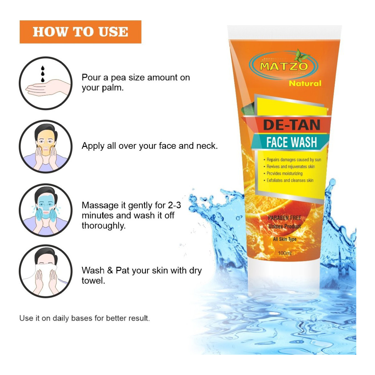 Matzo De-Tan Face Wash 100 ml | Exfoliates, Cleanses & Moisturises Skin | Repairs Sun Damage | Revive & Rejuvenates Skin | For Men & Women | For All Skin Type, Pack of 1 Matzo De-Tan Face Wash 100 ml | Exfoliates, Cleanses & Moisturises Skin | Repairs Sun Damage | Revive & Rejuvenates Skin | For Men & Women | For All Skin Type, Pack of 1