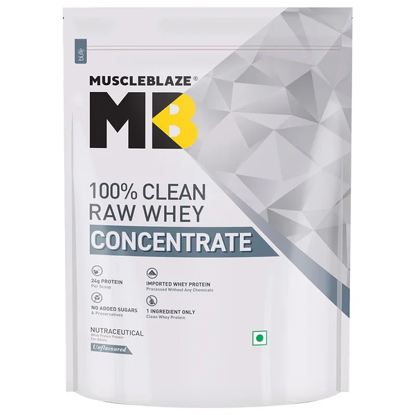 MuscleBlaze 100% Clean Raw Whey Protein Concentrate Unflavoured Powder, 1 kg