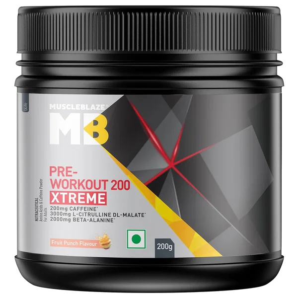 MuscleBlaze Pre Workout 200 Xtreme Fruit Punch Flavour Powder, 200 gm