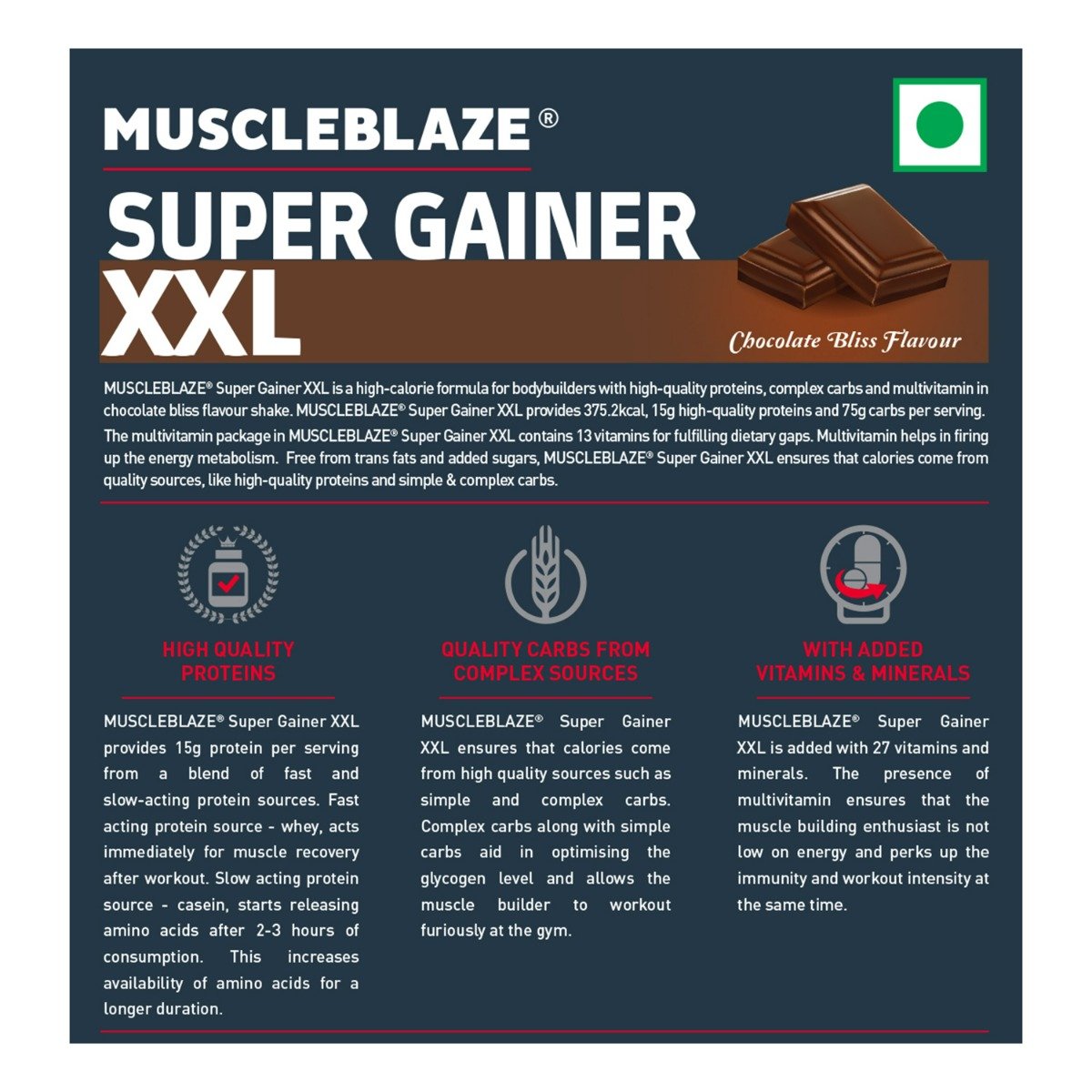 MuscleBlaze Super Gainer XXL Chocolate Bliss Flavour Powder, 1 kg, Pack of 1 MuscleBlaze Super Gainer XXL Chocolate Bliss Flavour Powder, 1 kg, Pack of 1
