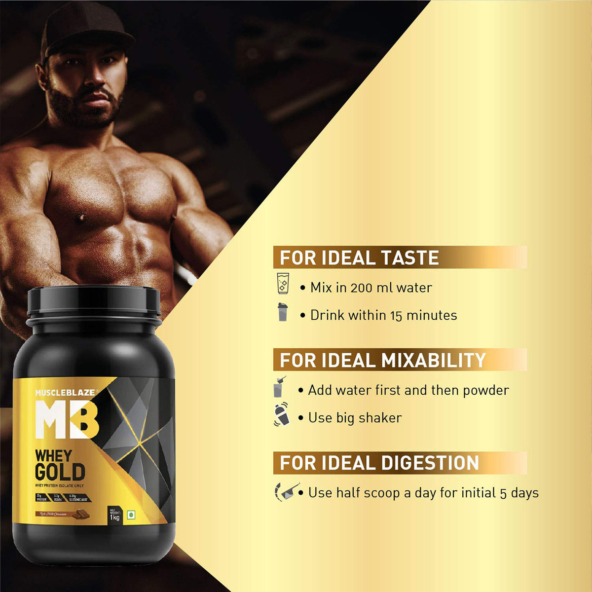MuscleBlaze Whey Gold Rich Milk Chocolate Flavour Powder, 1 kg, Pack of 1 MuscleBlaze Whey Gold Rich Milk Chocolate Flavour Powder, 1 kg, Pack of 1