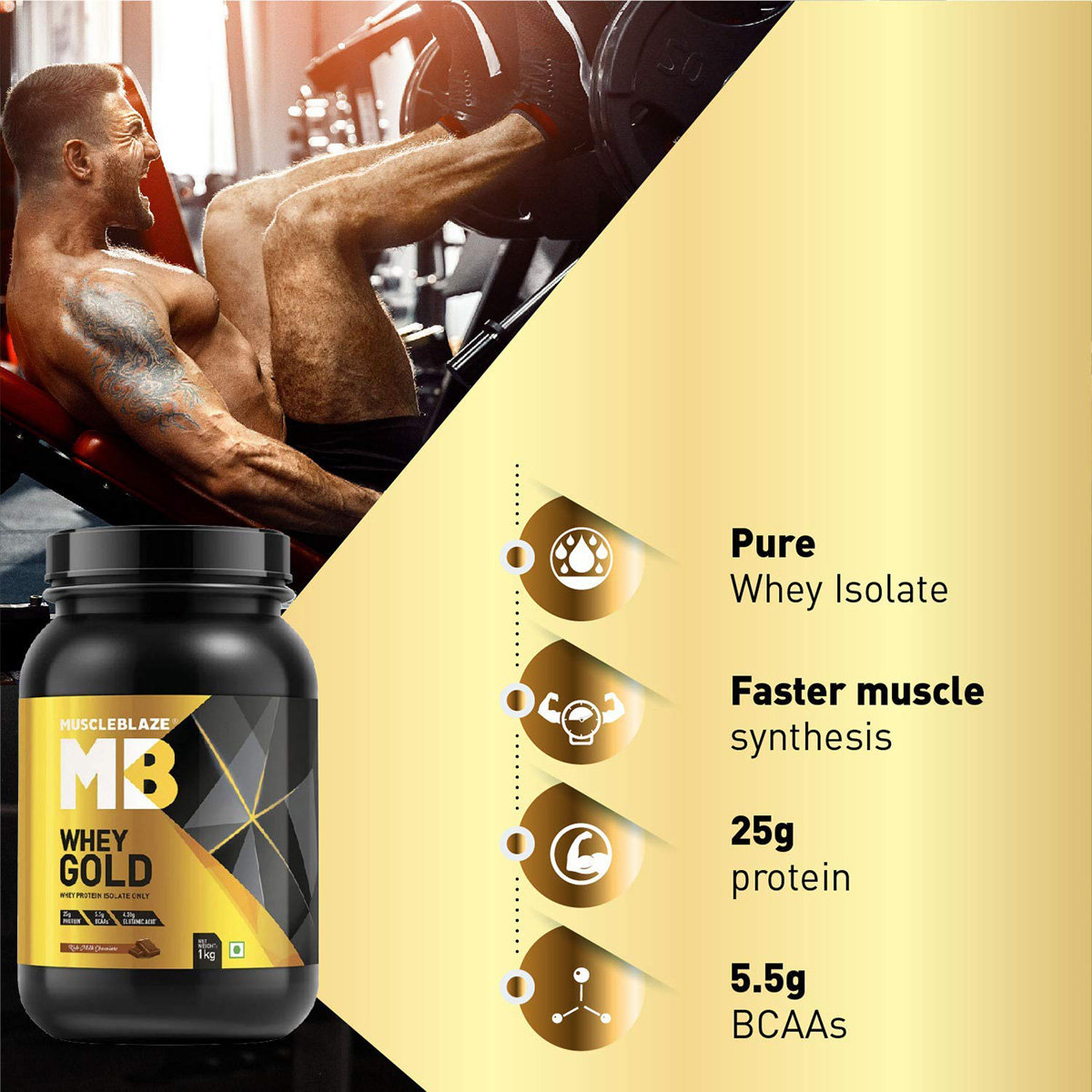 MuscleBlaze Whey Gold Rich Milk Chocolate Flavour Powder, 1 kg, Pack of 1 MuscleBlaze Whey Gold Rich Milk Chocolate Flavour Powder, 1 kg, Pack of 1