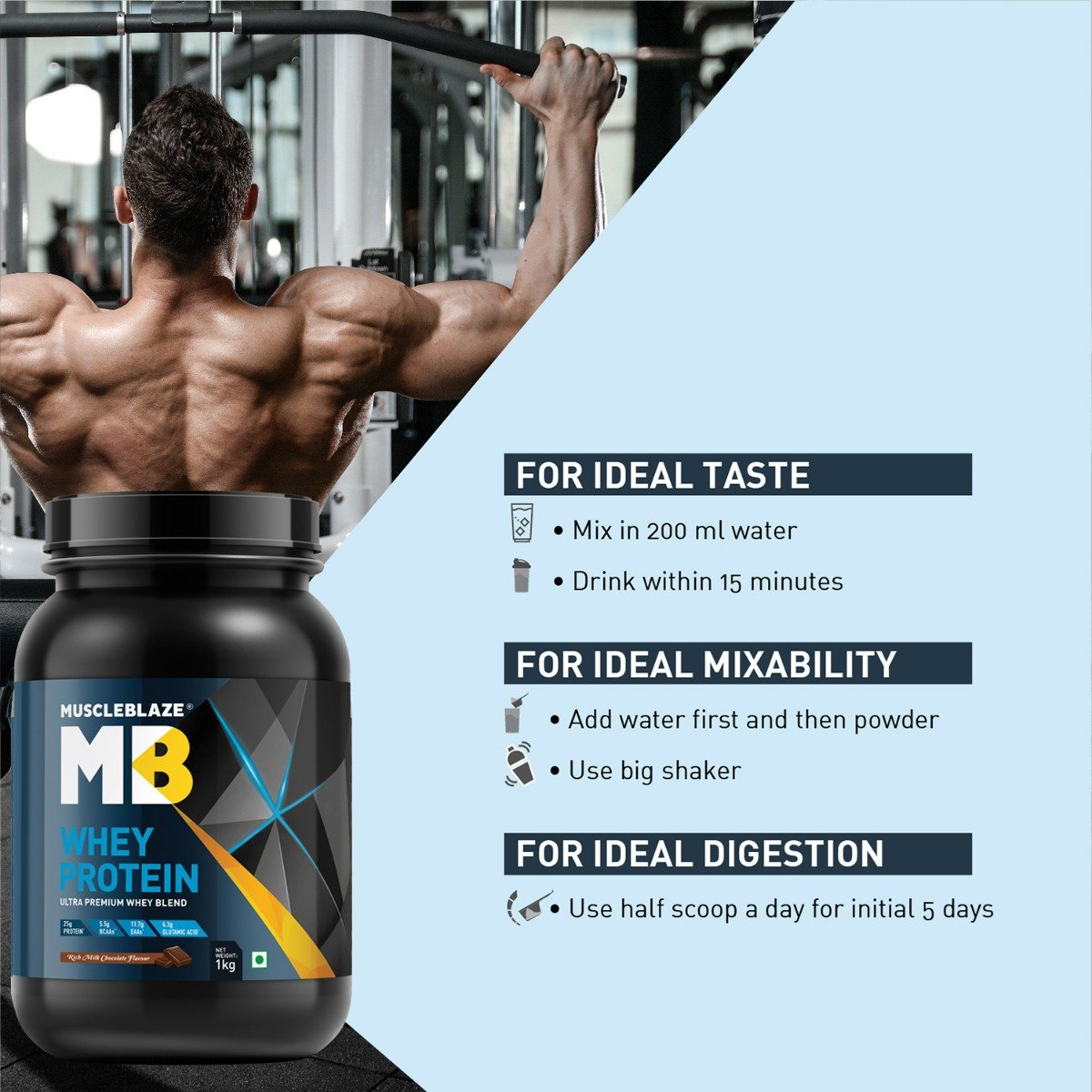 MuscleBlaze Whey Protein Rich Milk Chocolate Flavour Powder, 1 kg, Pack of 1 MuscleBlaze Whey Protein Rich Milk Chocolate Flavour Powder, 1 kg, Pack of 1