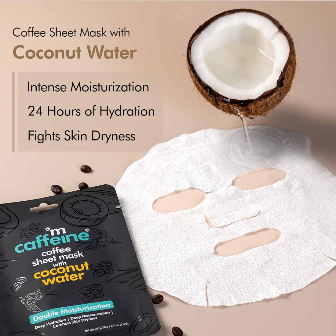 Mcaffeine Coffee Sheet Mask with Coconut Water 20 gm | For Double Moisturization With Coffee Extract, Coconut Water, Aloe Vera Extract & Caffiene | Deep Moisturistation |24hrs Of Skin Hydration | Fights Skin Dryness | Natural | For All Skin Type, Pack of 1 Mcaffeine Coffee Sheet Mask with Coconut Water 20 gm | For Double Moisturization With Coffee Extract, Coconut Water, Aloe Vera Extract & Caffiene | Deep Moisturistation |24hrs Of Skin Hydration | Fights Skin Dryness | Natural | For All Skin Type, Pack of 1