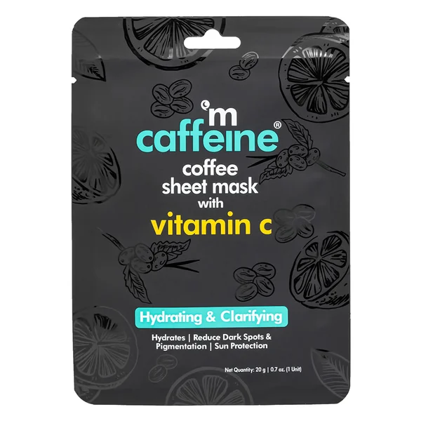 Mcaffeine Coffee Sheet Mask with Vitamin C 20 gm | Coffee Extract &amp; Vitamin C | For Hydrating &amp; Clatifying Skin | Provides Sun Protection | Reduces DarK Spots &amp; Pigmentation | Natural | For All Skin Type, Pack of 1