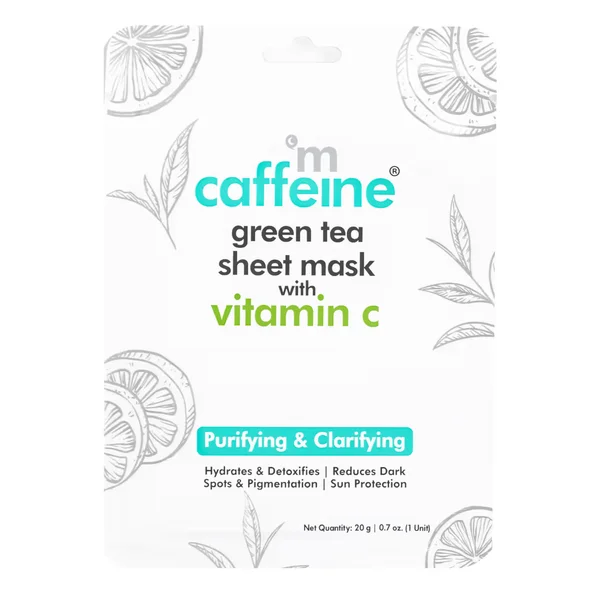 Mcaffeine Green Tea Sheet Mask with Vitamin C 20 gm | Green Tea Extract, Hyaluronic Acid, Aloe Vera Extract & Caffiene| Hydrates Skin Upto 24 Hrs | Reduces Dark Spots & Pigmentation |For All Skin Type