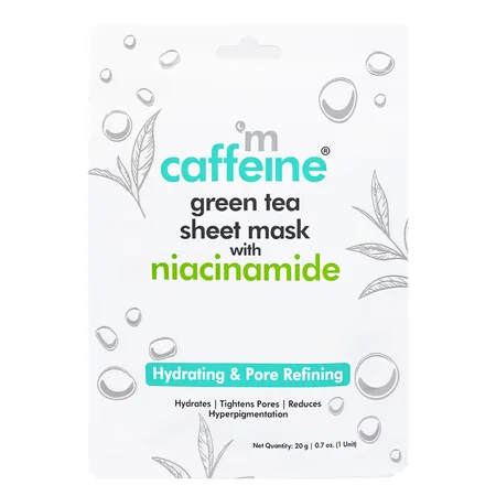 Mcaffeine Green Tea Sheet Mask with Niacinamide 20 gm | Green Tea Extract, Hyaluronic Acid, Aloe Vera Extract & Caffiene| Hydrates Skin Upto 24hrs| Reduces HyperPigmentation | Natural | For All Skin Type
