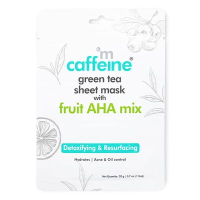 Mcaffeine Green Tea Sheet Mask with Fruit AHA Mix 20 gm | Green Tea Extract, Hyaluronic Acid, Aloe Vera Extract &amp; Caffiene | For Detoxifying &amp; Resurfacing | Acne &amp; Oil Control | 24hrs Of Hydration | Natural | For All Skin Type, Pack of 1