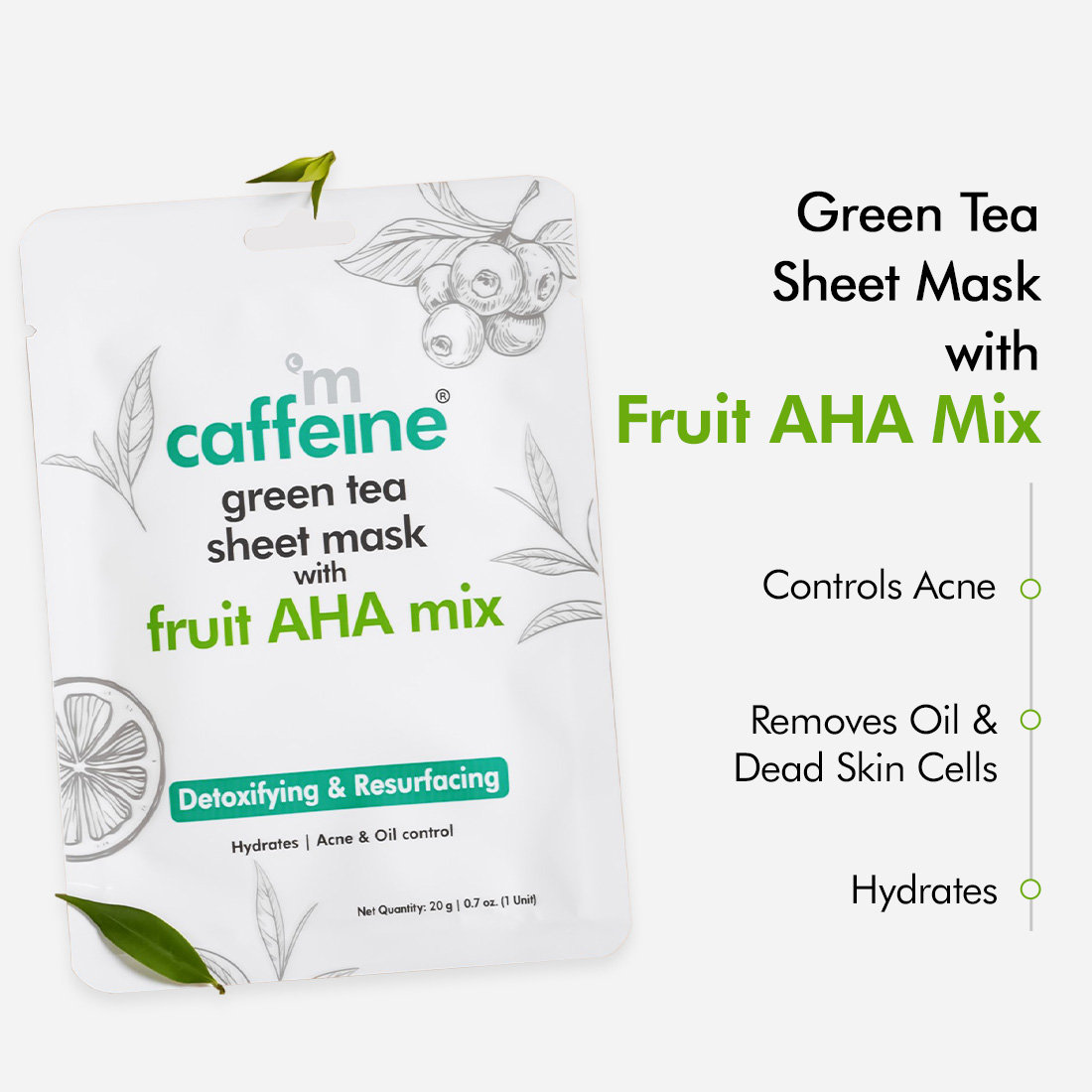 Mcaffeine Green Tea Sheet Mask with Fruit AHA Mix 20 gm | Green Tea Extract, Hyaluronic Acid, Aloe Vera Extract & Caffiene | For Detoxifying & Resurfacing | Acne & Oil Control | 24hrs Of Hydration | Natural | For All Skin Type, Pack of 1 Mcaffeine Green Tea Sheet Mask with Fruit AHA Mix 20 gm | Green Tea Extract, Hyaluronic Acid, Aloe Vera Extract & Caffiene | For Detoxifying & Resurfacing | Acne & Oil Control | 24hrs Of Hydration | Natural | For All Skin Type, Pack of 1