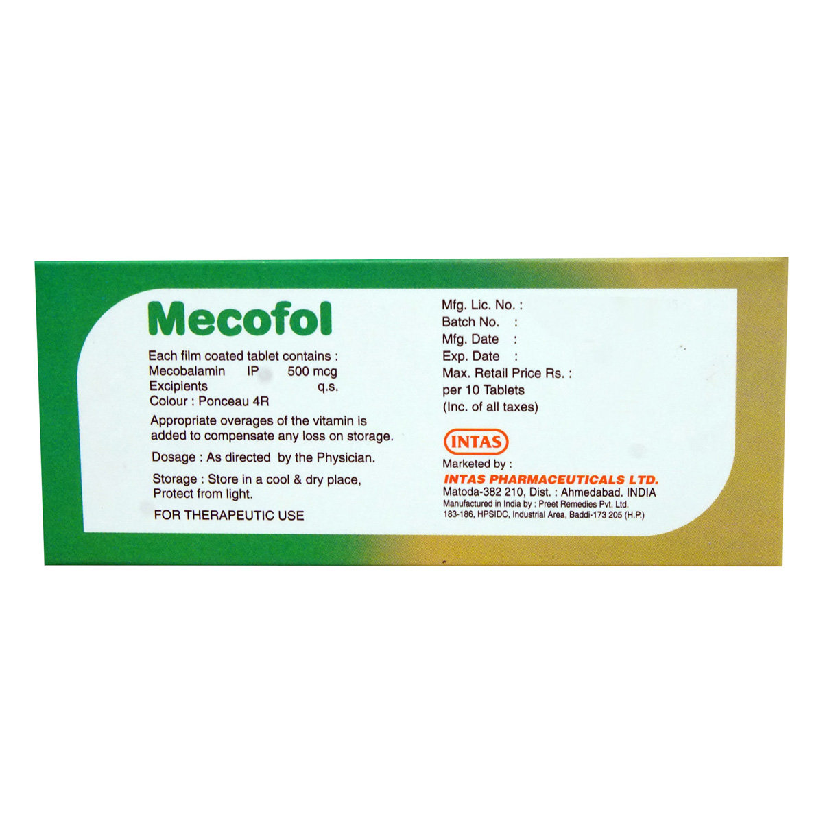 Mecofol 500 mcg Tablet 10's, Pack of 10 TabletS Mecofol 500 mcg Tablet 10's, Pack of 10 TabletS