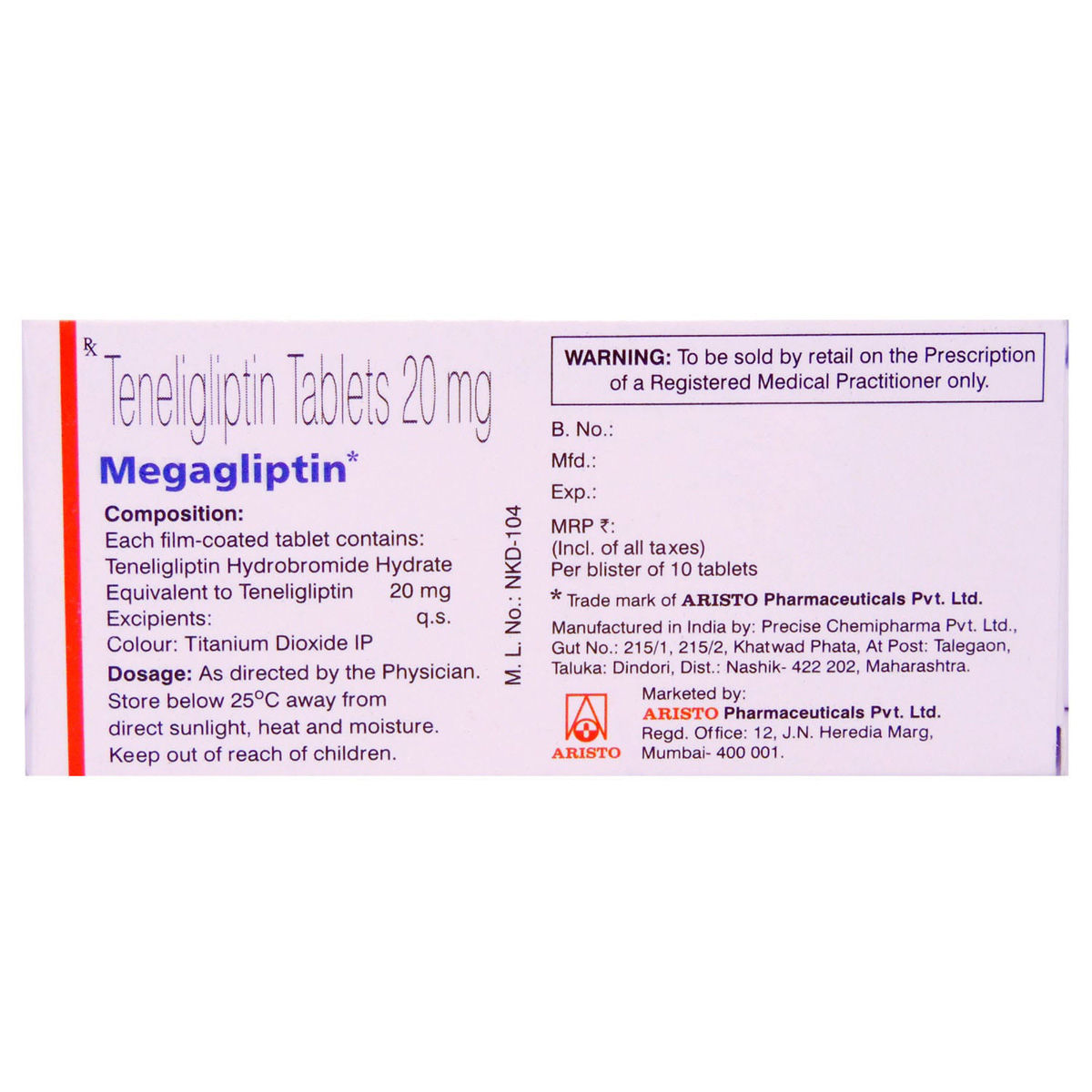 Megagliptin 20 Tablet 10's, Pack of 10 TABLETS Megagliptin 20 Tablet 10's, Pack of 10 TABLETS