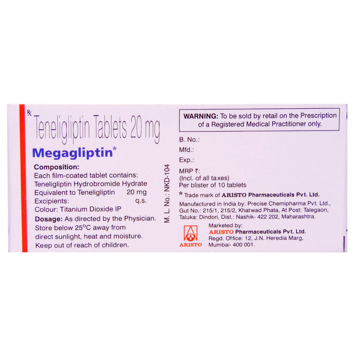 Megagliptin 20 Tablet 10's, Pack of 10 TABLETS Megagliptin 20 Tablet 10's, Pack of 10 TABLETS
