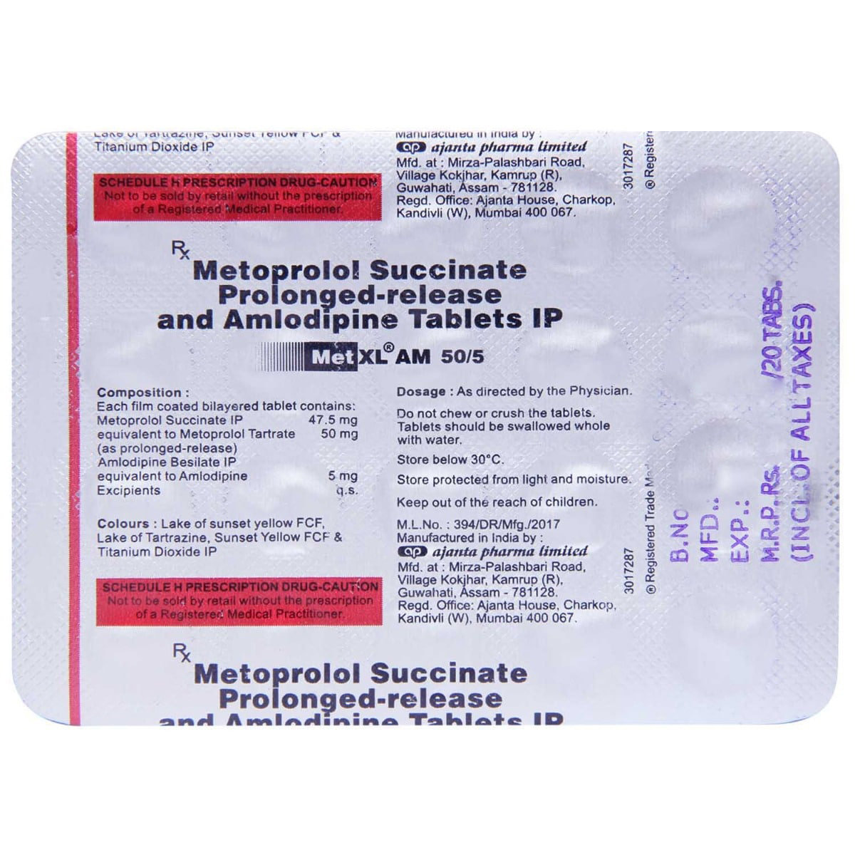 Met XL AM 50/5 Tablet 20's, Pack of 20 TABLETS Met XL AM 50/5 Tablet 20's, Pack of 20 TABLETS