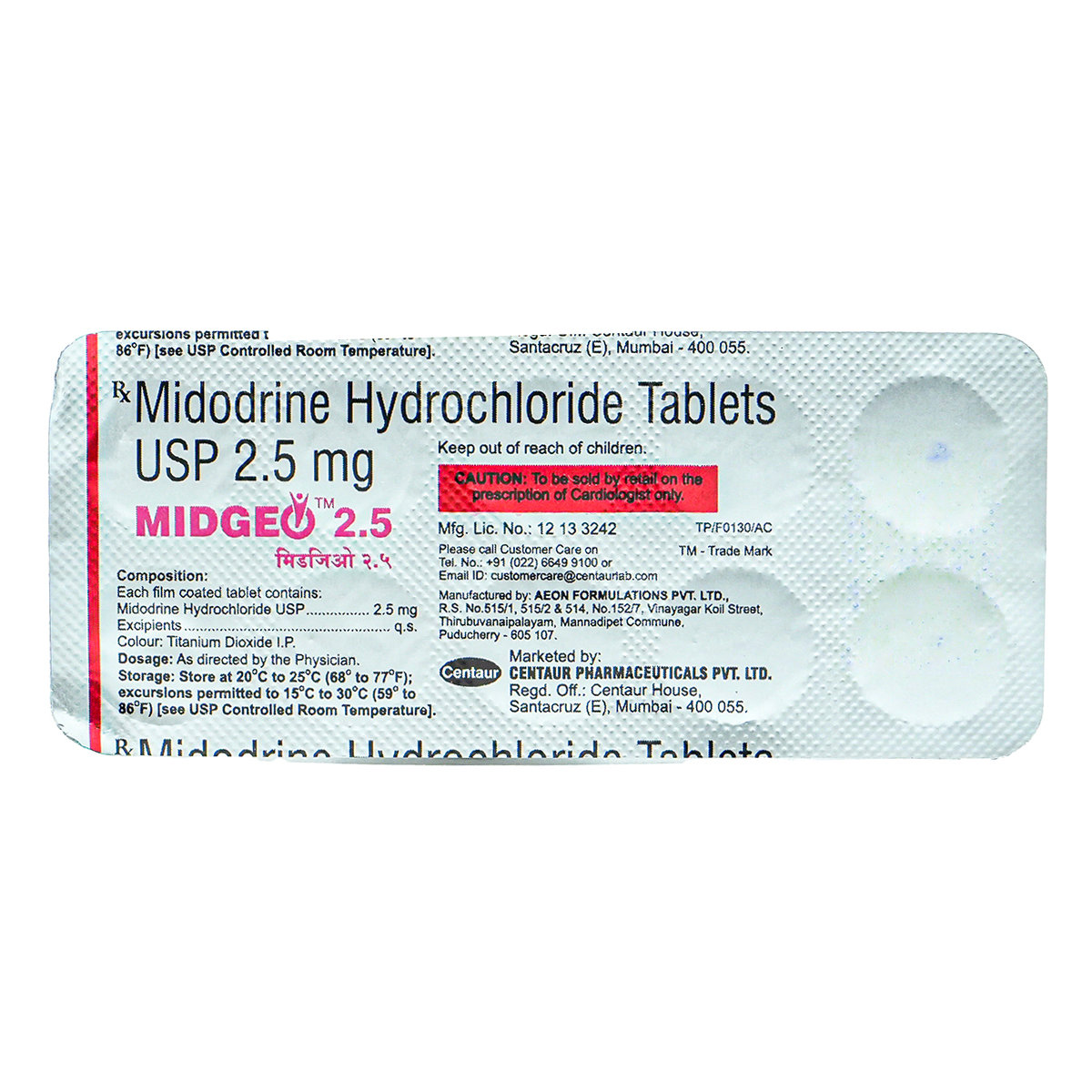 Midgeo 2.5 mg Tablet 10's, Pack of 10 TABLETS Midgeo 2.5 mg Tablet 10's, Pack of 10 TABLETS