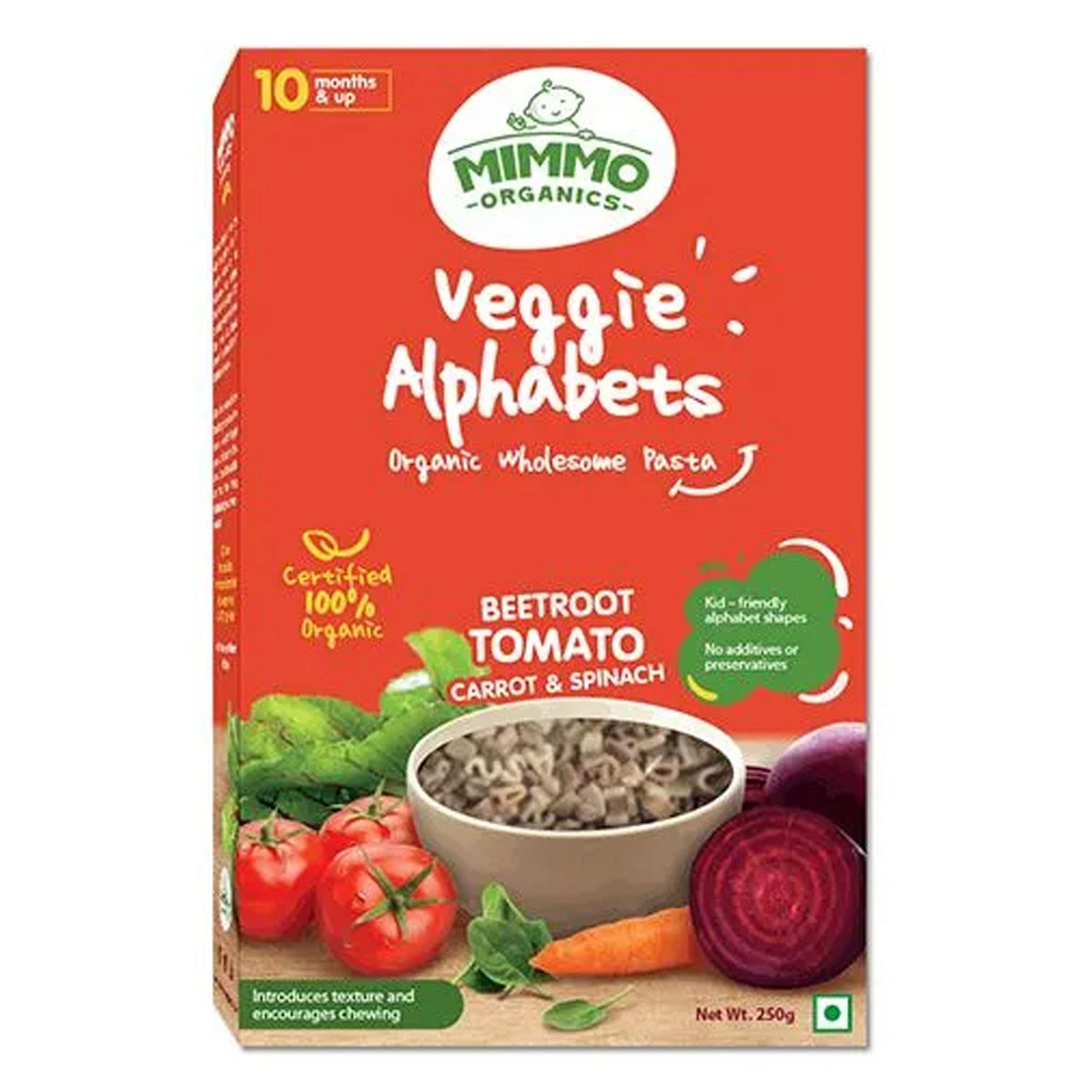 Buy Mimmo Organics Veggie Alphabet Baby Pasta, 250 gm Online