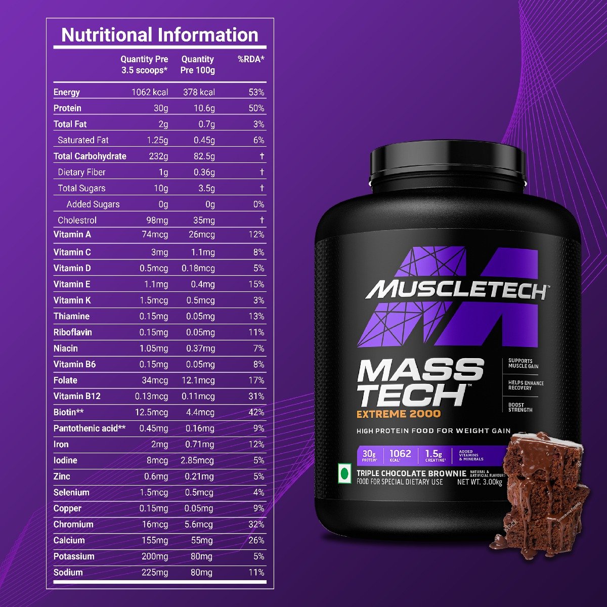 Muscletech Mass Tech Extreme 2000 Triple Chocolate Brownie Flavour Powder, 3 kg, Pack of 1 Muscletech Mass Tech Extreme 2000 Triple Chocolate Brownie Flavour Powder, 3 kg, Pack of 1