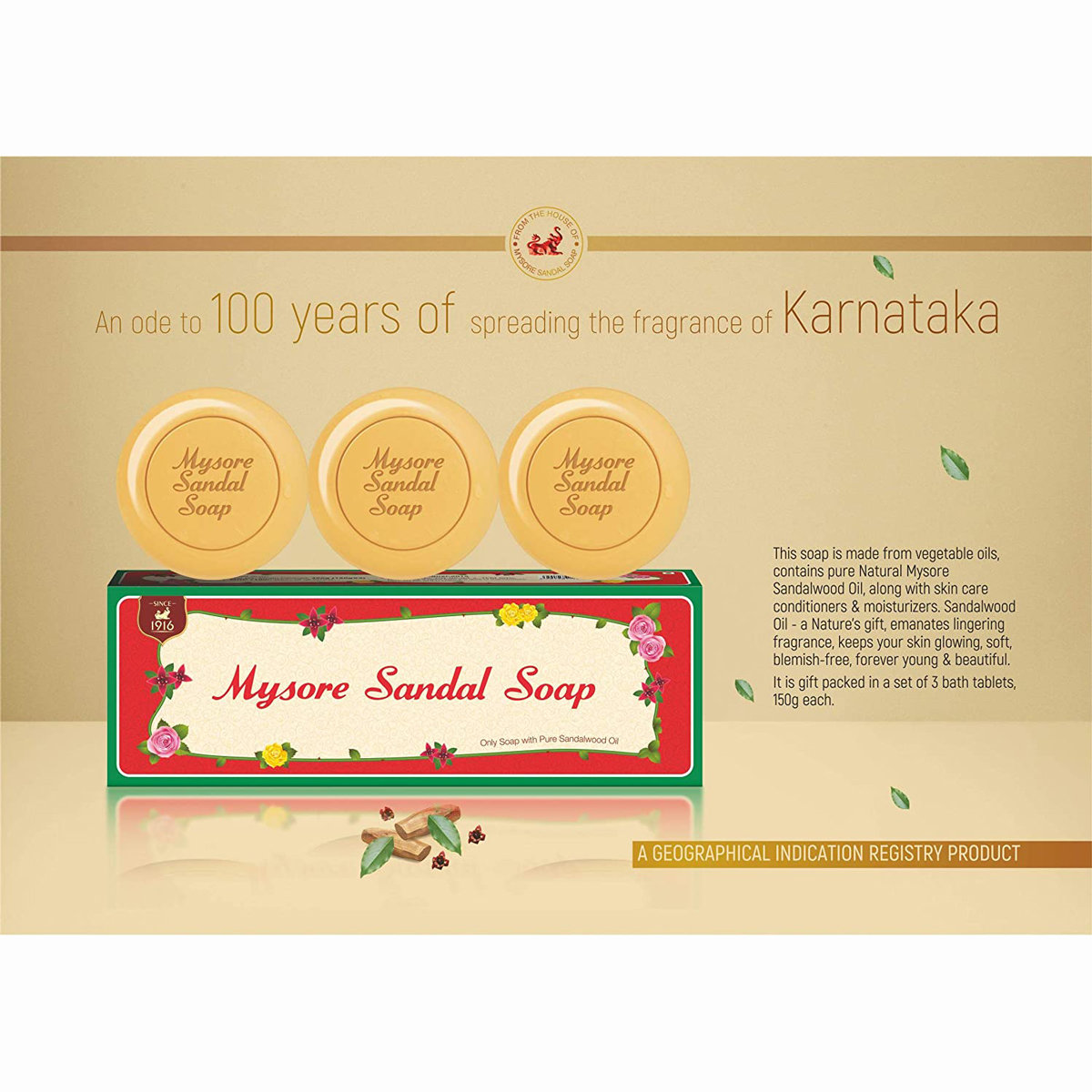 Mysore Sandal Soap, 450 gm (3 x 150 gm), Pack of 1 Mysore Sandal Soap, 450 gm (3 x 150 gm), Pack of 1