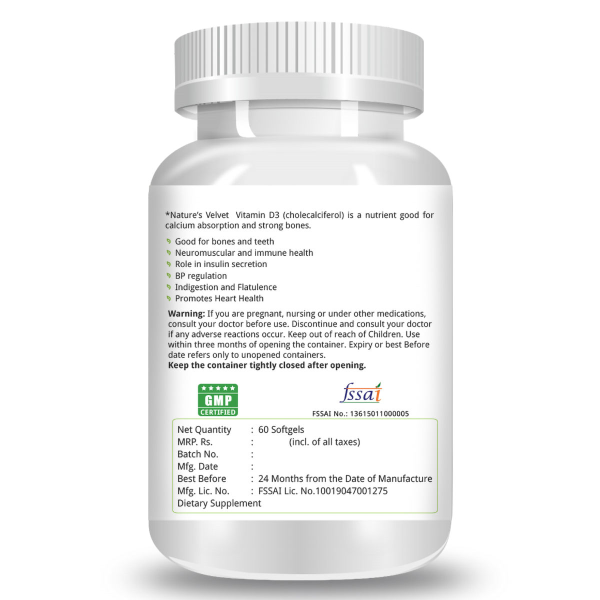 Nature's Velvet Vitamin D3 5000 IU, 60 Softgels, Pack of 1 