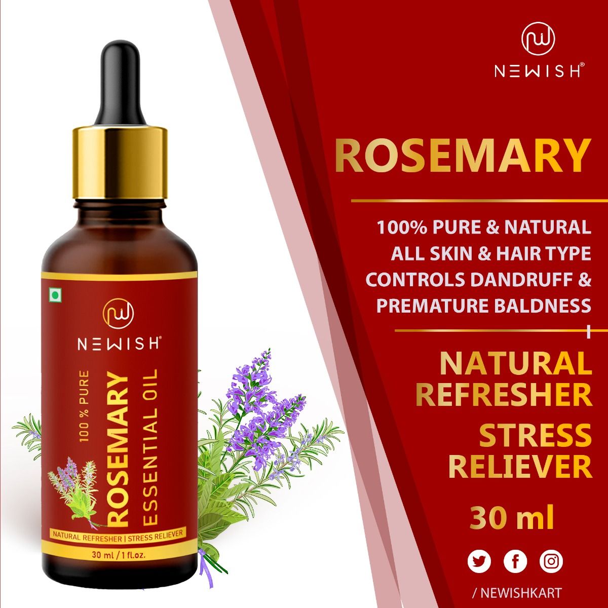 Newish 100% Pure Rosemary Essential Oil, 30 ml, Pack of 1 Newish 100% Pure Rosemary Essential Oil, 30 ml, Pack of 1
