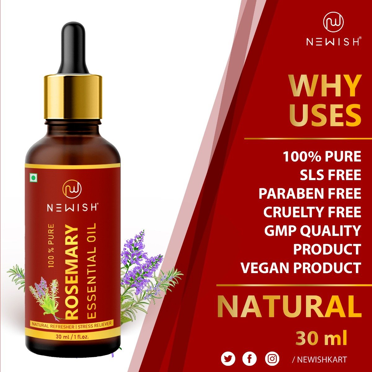 Newish 100% Pure Rosemary Essential Oil, 30 ml, Pack of 1 Newish 100% Pure Rosemary Essential Oil, 30 ml, Pack of 1