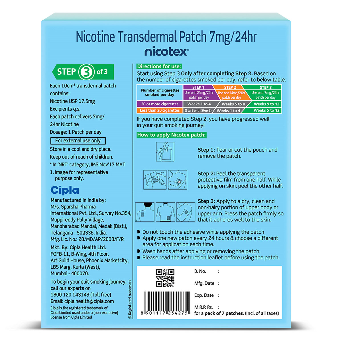 Nicotex 7mg Nicotine Transdermal Patches, 7 Count, Pack of 1 PATCHES Nicotex 7mg Nicotine Transdermal Patches, 7 Count, Pack of 1 PATCHES