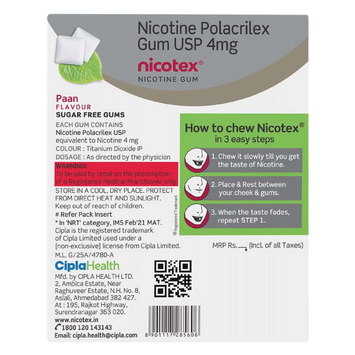 Nicotex 4 mg Sugar Free Paan Flavour Nicotine Gum, 12 Count Price, Uses ...