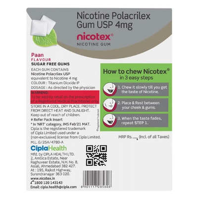 Nicotex 4 mg Sugar Free Paan Flavour Nicotine Gum, 12 Count, Pack of 1