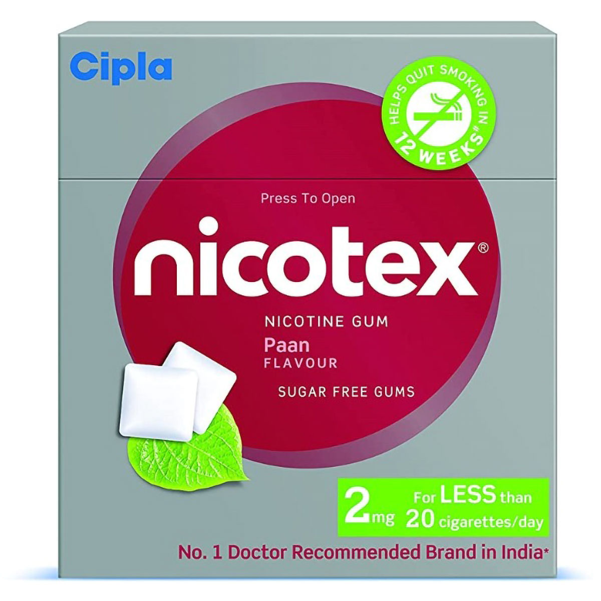 Buy Nicotex 2 mg Sugar Free Paan Flavour Nicotine Gum, 12 Count Online