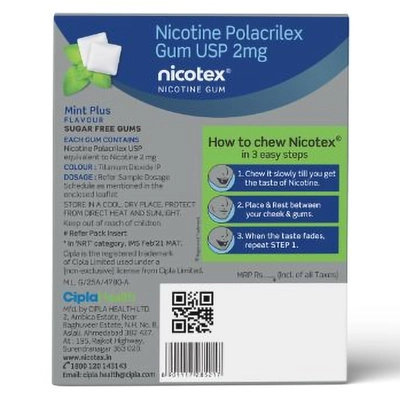 Nicotex 2mg Sugar Free Mint Plus Flavour Nicotine Gum, 12 Count, Pack of 1