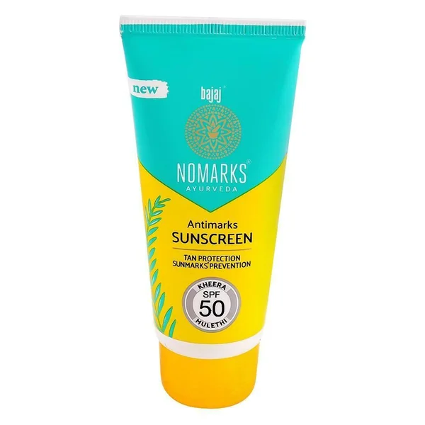 Bajaj Nomarks Antimarks Sunscreen 50 gm With SPF 50 PA+++ UVA-UVB | Kheera, Mulethi | Reduce Sun Marks | Tan Protection | Sweat &amp; Water Resistant | All Skin Type, Pack of 1
