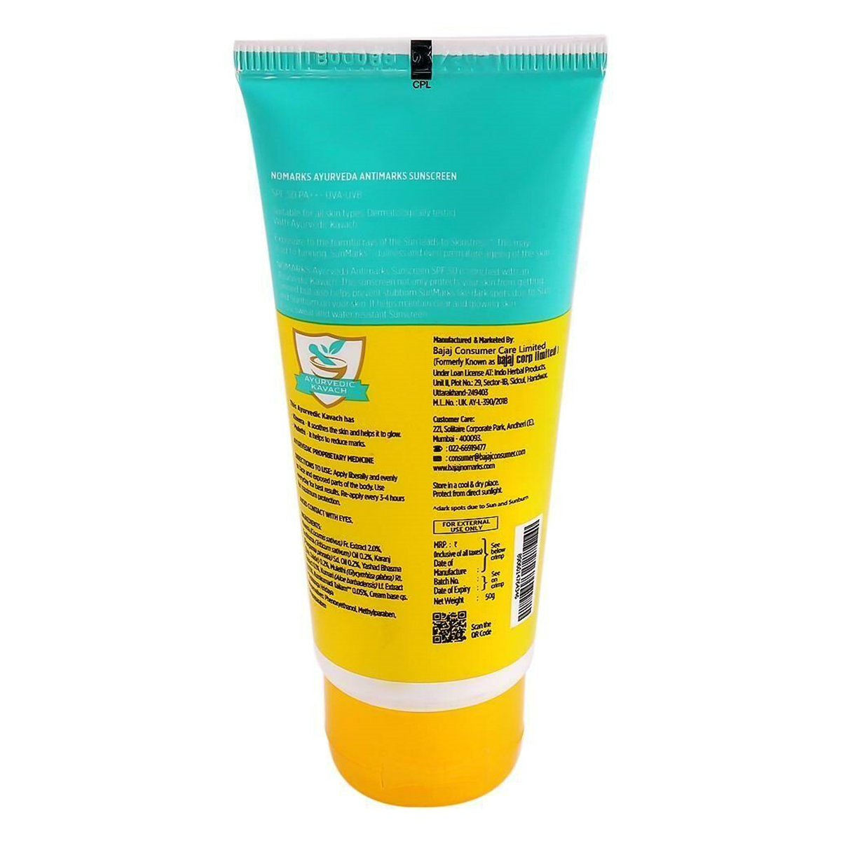 Bajaj Nomarks Antimarks Sunscreen 50 gm With SPF 50 PA+++ UVA-UVB | Kheera, Mulethi | Reduce Sun Marks | Tan Protection | Sweat & Water Resistant | All Skin Type, Pack of 1 Bajaj Nomarks Antimarks Sunscreen 50 gm With SPF 50 PA+++ UVA-UVB | Kheera, Mulethi | Reduce Sun Marks | Tan Protection | Sweat & Water Resistant | All Skin Type, Pack of 1