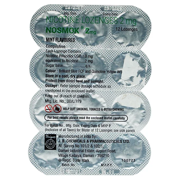 Nosmok 2mg Mint Flavour Sugar Free Lozenges, 12 Count, Pack of 12