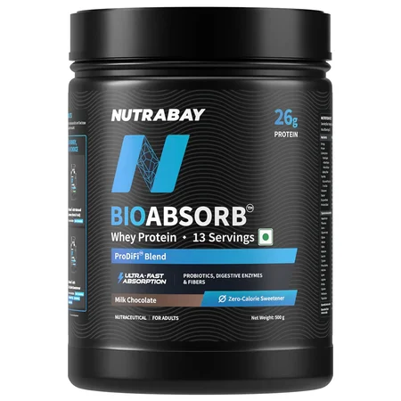 Nutrabay BioAbsorb Milk Chocolate Flavour Whey Protein Powder, 500 gm