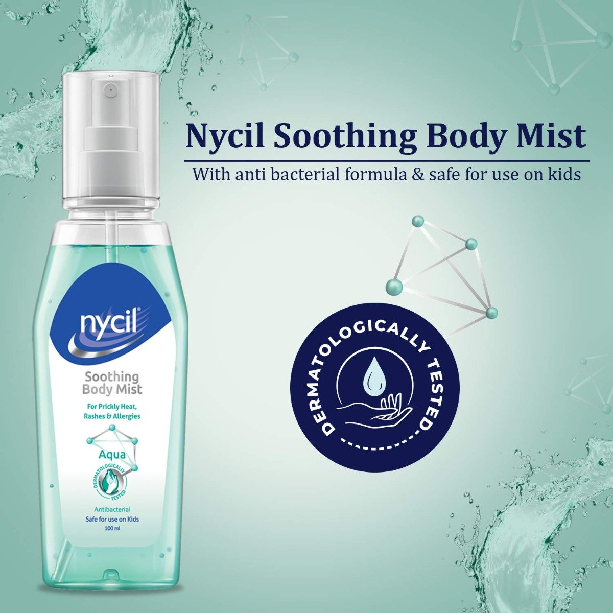 Nycil Aqua Soothing Body Mist 100 ml | For Prickley Heat, Rashes & Allergies | Antibacterial Formula, Pack of 1 Nycil Aqua Soothing Body Mist 100 ml | For Prickley Heat, Rashes & Allergies | Antibacterial Formula, Pack of 1