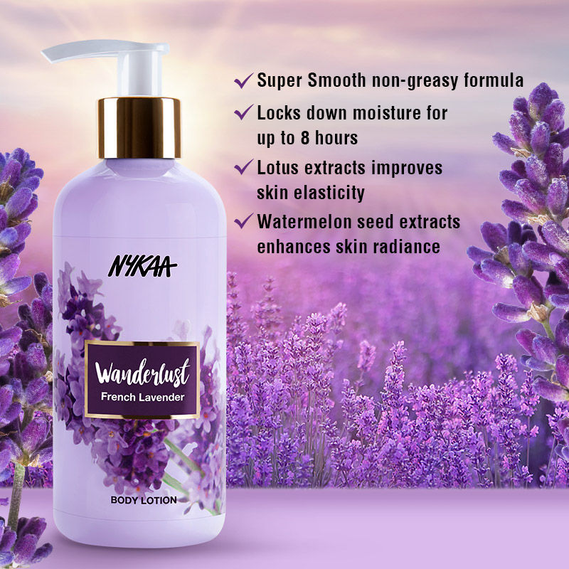 Nykaa Wanderlust French Lavender Body Lotion 300 ml | Moisture Lock Upto 8Hrs | Non Greasy Formula, Pack of 1 Nykaa Wanderlust French Lavender Body Lotion 300 ml | Moisture Lock Upto 8Hrs | Non Greasy Formula, Pack of 1