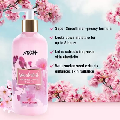 Nykaa Wanderlust Japanese Cherry Blossom Body Lotion 300 ml | Moisture Lock Upto 8Hrs | Non Greasy Formula, Pack of 1