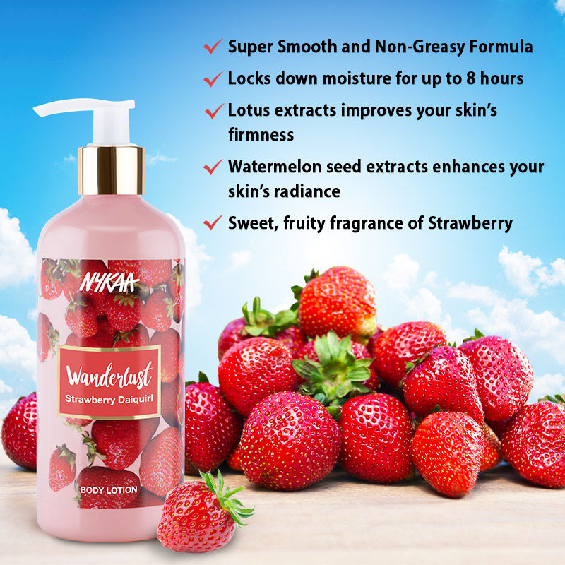Nykaa Wanderlust Strawberry Daiquiri Body Lotion 300 ml | Moisture Lock Upto 8Hrs | Non Greasy Formula, Pack of 1 Nykaa Wanderlust Strawberry Daiquiri Body Lotion 300 ml | Moisture Lock Upto 8Hrs | Non Greasy Formula, Pack of 1