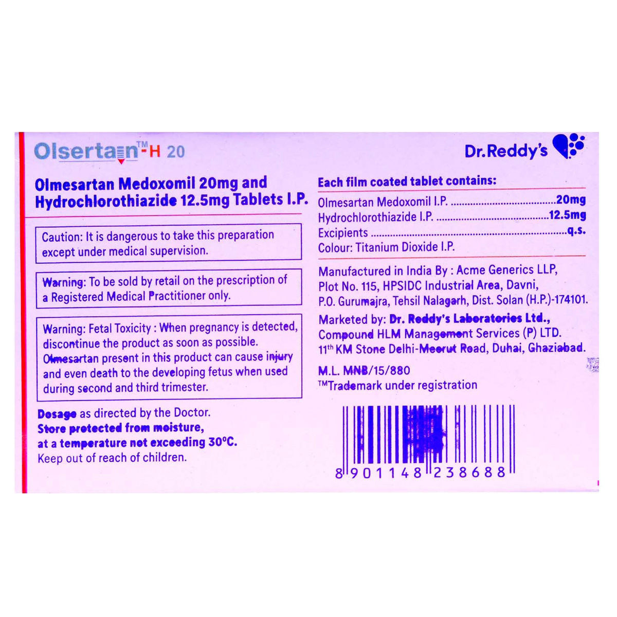 Olsertain-H 20 Tablet 15's Price, Uses, Side Effects, Composition ...