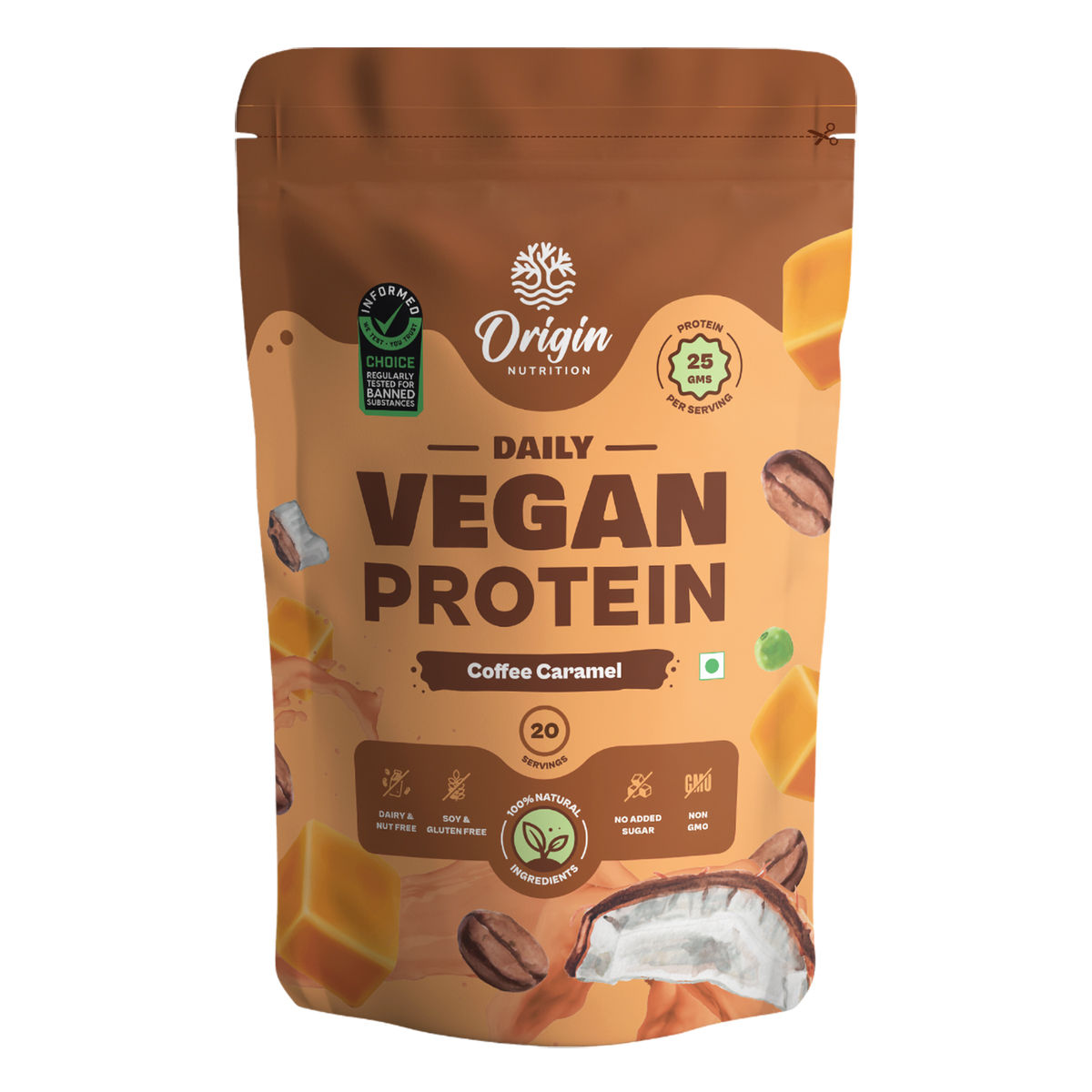 Buy Origin Nutrition 100% Natural Vegan Protein  Coffee Caramel Flavour Powder, 737 gm Online