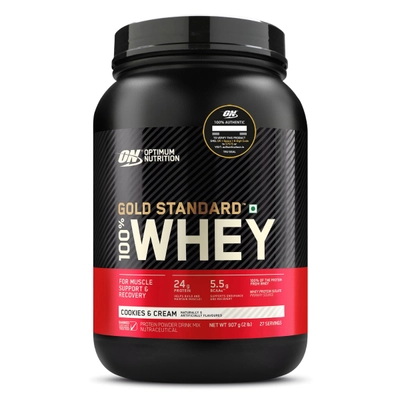 Optimum Nutrition (ON) Gold Standard 100% Whey Protein Cookies &amp; Cream Flavour Powder, 2 lb, Pack of 1