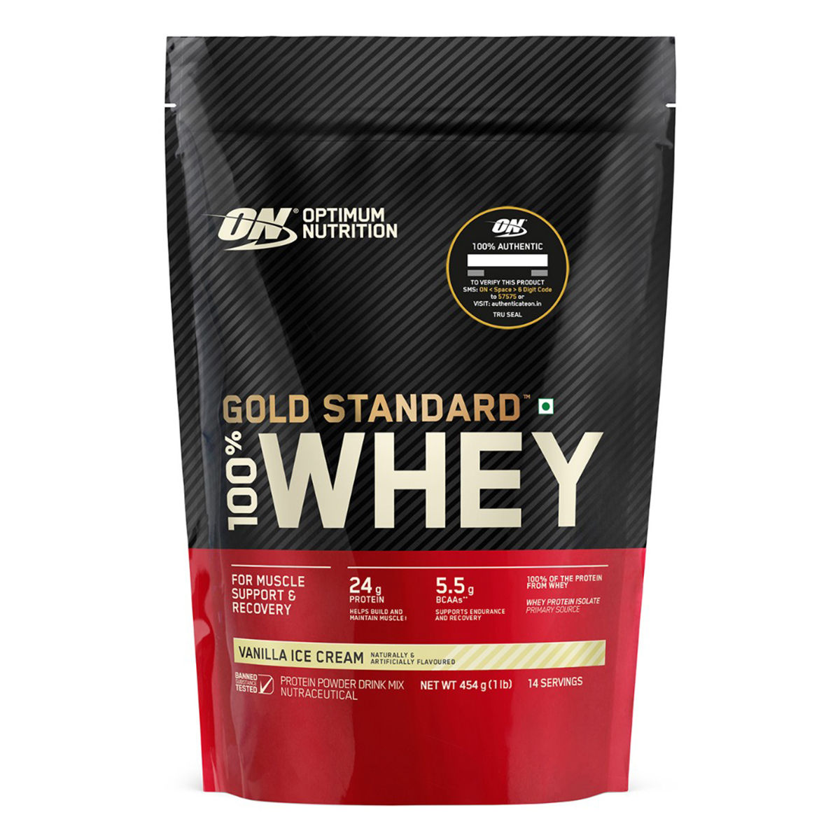 Buy Optimum Nutrition (ON) Gold Standard 100% Whey Protein Vanilla Ice Cream Flavour Powder, 1 lb Online