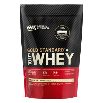 Optimum Nutrition (ON) Gold Standard 100% Whey Protein Vanilla Ice Cream Flavour Powder, 1 lb, Pack of 1