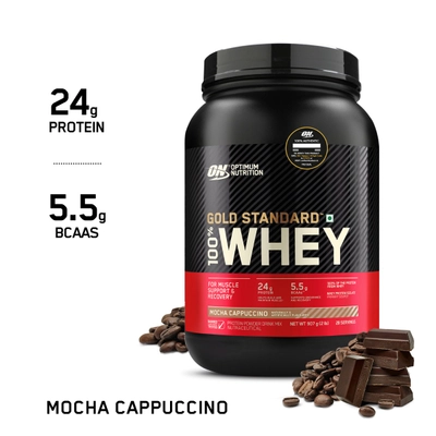 Optimum Nutrition (ON) Gold Standard 100% Whey Protein Mocha Cappuccino Flavour Powder, 2 lb, Pack of 1