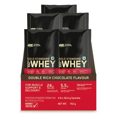 Optimum Nutrition (ON) Gold Standard 100% Whey Protein Double Rich Chocolate Flavour Powder, 5 Sachets x 30.4 gm, Pack of 1