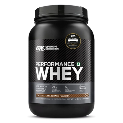 Optimum Nutrition (ON) Performance Whey Protein Chocolate Milkshake Flavour Powder, 1 kg, Pack of 1