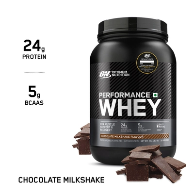 Optimum Nutrition (ON) Performance Whey Protein Chocolate Milkshake Flavour Powder, 1 kg, Pack of 1